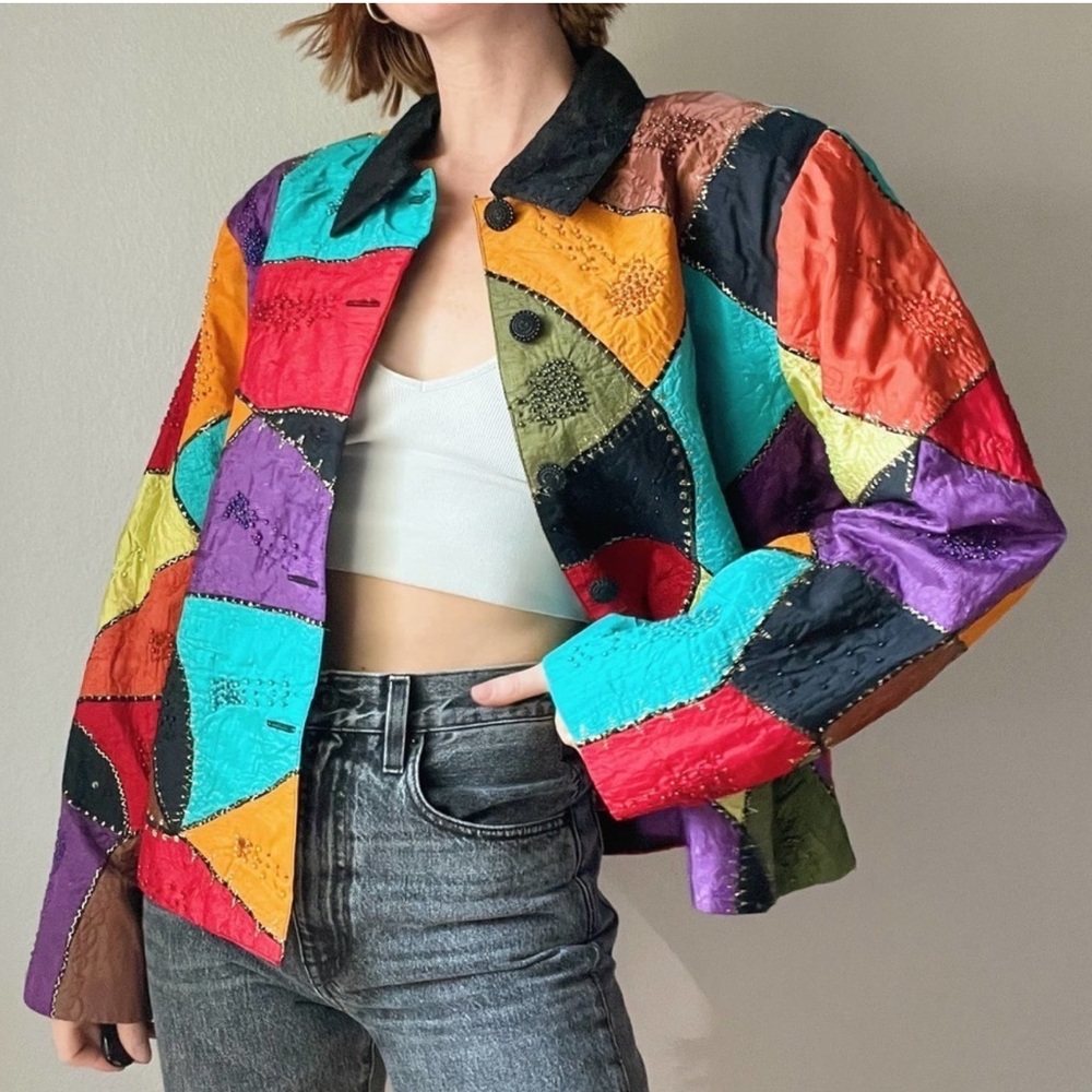 Anage Patchwork Embellished Vintage Colorful Blazer